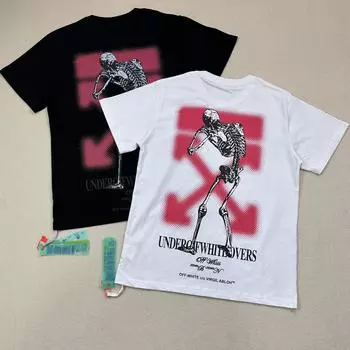 Off-White Летняя новинка 2025 года, розовая классическая футболка с короткими рукавами и принтом скелета и призрака для мужчин и женщин S чёрный
