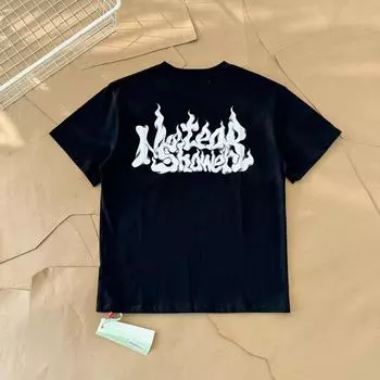 Off-White Летняя новинка 2025 года с принтом в виде пламенных букв, классическая футболка с короткими рукавами для мужчин и женщин, парная футболка S чёрный