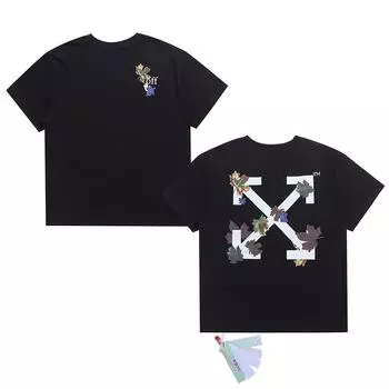 Off-White Лето 2025 года, новая футболка с короткими рукавами и принтом стрелы на увядших листьях для мужчин и женщин, парная футболка S чёрный