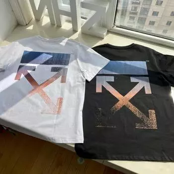 Off-White Лето 2025 года, новая классическая футболка с короткими рукавами и принтом градиентной стрелки на спине для мужчин и женщин, парная футболка S чёрный