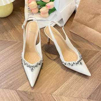 Off-white rhinestone high heels women s thin heels summer new pointed beautiful sandals sexy royal sister single shoes 34