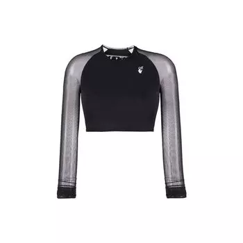 Off-White Ss21 Logo Print Sheer Long Sleeve Short T Shirt Slim Fit Women Tops Black OWVO021E20JER0011001 XS