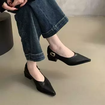Office Lady Square Heels Pointed Slip on Shoes Classic Comfortable Small Heel Shoe 4cm 2024 Women Leather Pumps Shoes 35 чёрный