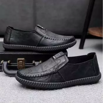 Office Leather Casual Shoes Fashion Sewing Slip-on Loafers Outdoor Breathable Walking Shoe 2024 British Business Shoes Shallow 39 чёрный