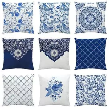 Office Living Room Home Pillowcase Blue and White Porcelain Printed Pillowcase Car Ornaments 40x40cm