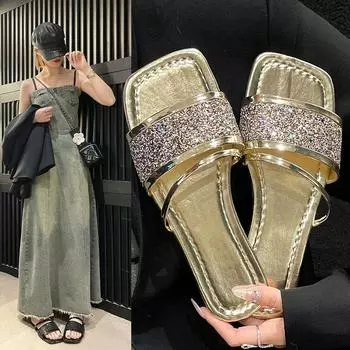 Office Slippers Women Wear 2024 Spring/summer New Transparent Diamond-soft Bottom Flip-flops French Small Flip-flops 35 золотистый