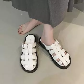 Office Slippers, Women Wear A Slip-on Summer 2024 New Baotou Black, Silver Woven Semi-drag Casual Sandals, Women s Shoes 35 бежевый