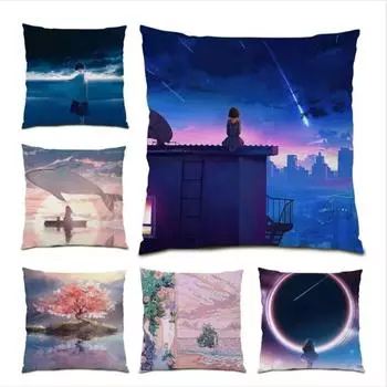 Office Sofa Cushion Cover Simple Illustration Cartoon Scenery Pillow Cover Luxury Home Decoration Cushion Cover 40x40cm