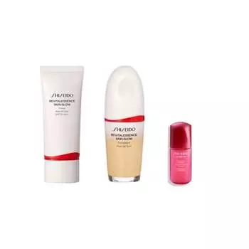 [Official] SHISEIDO Essence Skin Glow Kit (220 Linen) | Makeup base foundation + beauty serum 10mL small included | Liquid form | Unscented | Glossy,