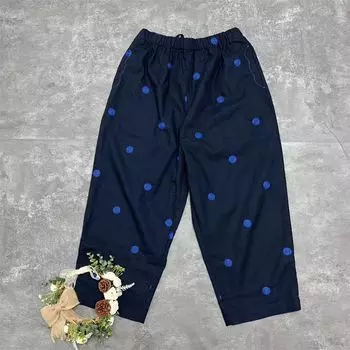Official Website Embroider Dots High Waist Baggy Pants Female 2024 Summer New Arrival Elastic Waist Loose Pants Pure Cotton Casual Pants Blue One size