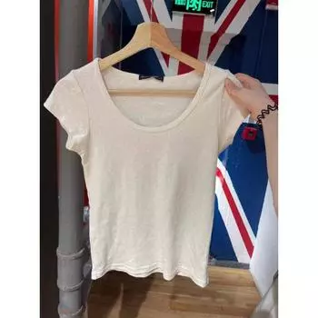 Official Website Heart Hollow T-shirt Women s Summer New Arrival Crew Neck Casual All-Matching Sexy Pure Cotton High Waist Midriff-Baring Short Sleeve Beige White All yards