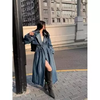 Официальное фото, тренчкот из стираного денима, женское осеннее новое свободное повседневное длинное пальто высокого класса в стиле ретро M синий