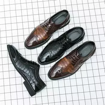 Официальные деловые туфли-броги, мужские офисные кожаные туфли, джентльменские роскошные модные туфли на шнуровке с рисунком под крокодила, большие размеры 38 коричневый