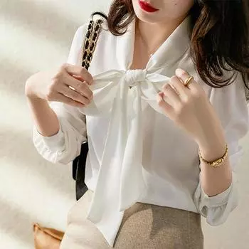 Официальные нежные блузки женские мягкие уютные топы шифон однотонные базовые нежные деловые рабочие костюмы современные французские ретро универсальные S чёрный