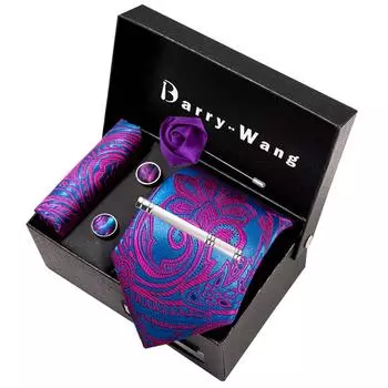 Официальный галстук для мужчин, шелковый галстук с цветком пейсли, зажим для галстука, носовой платок, запонки, бутоньерка с подарочной коробкой