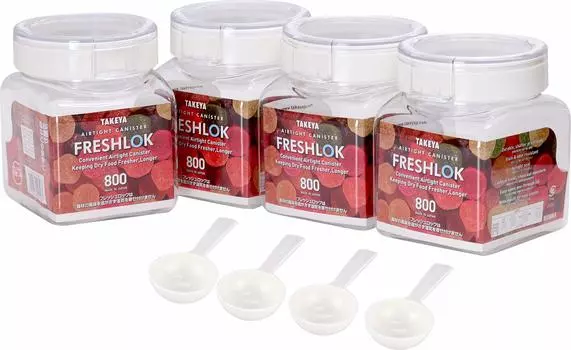 Официальный набор контейнеров для хранения Takeya из 4 квадратных контейнеров объемом 800 мл с ложкой FRESHLOK, герметичный холодильник, белки, специи, приправы, мука