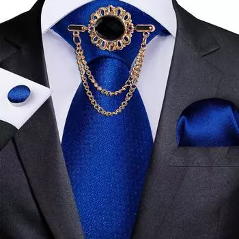 Официальный синий галстук для мужчин, классический однотонный шелковый галстук, носовой платок, запонка, металлическая цепочка, брошь, булавка, деловой набор 326