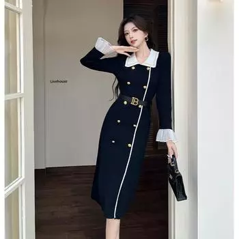 Офис Леди Осень Зима Женское Вязаное Платье Отложной Воротник Контрастный Цвет Вязаное Платье Расклешенный Рукав Элегантная Мода Теплое Платье-Свитер С Поясом ONE SIZE