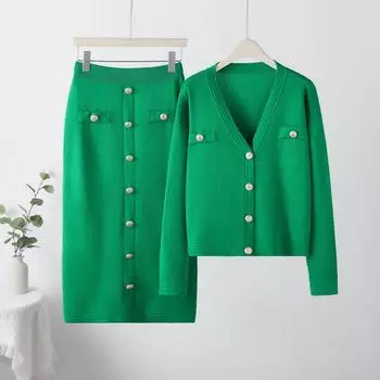 Офис Тонкий свитер Кардиган Юбки Комплекты Женские однобортные Короткие трикотажные топы Пальто Костюмы Высокая талия Облегающие Faldas Conjunto ONE SIZE чёрный