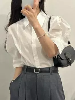 Офисная леди элегантные белые рубашки летние французские фактурные однобортные рубашки с рукавами-фонариками повседневные топы с коротким рукавом шикарные женские S белый