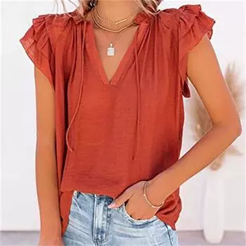 Офисная рубашка, уличная одежда, лето 2022, пуловер со шнуровкой и рюшами на рукавах, блузка, элегантный однотонный топ с v-образным вырезом, новый женский повседневный свободный топ S чёрный