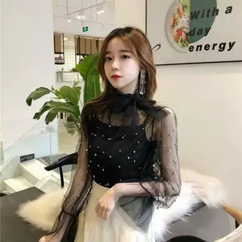 Офисная сетчатая пряжа, перспективная женская блузка, летняя блузка с бисером, длинными расклешенными рукавами, галстук-бабочка, сетчатая блузка, прозрачные однотонные топы One Size