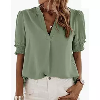 Офисная женская 2023 летняя новая повседневная рубашка с v-образным вырезом и коротким рукавом, модная однотонная шифоновая блузка, женские топы, одежда 26555 S зелёный