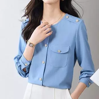 Офисная женская блузка на пуговицах, женская модная синяя женская рубашка с длинным рукавом, женские топы, повседневная винтажная женская одежда 29313 S синий