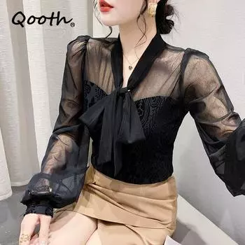 Офисная женская блузка Qooth S-3XL, сетчатая блузка с длинными рукавами, элегантный тонкий черный кружевной пуловер, топ QT2196 S