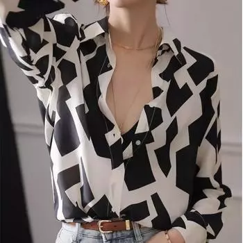 Офисная женская блузка с длинным рукавом, шелковые рубашки из шелковицы с отложным воротником, свободная модная одежда, контрастная клетчатая рубашка, женские топы 29398 S черный белый