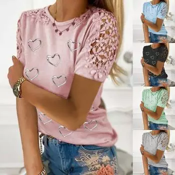 Офисная женская блузка с принтом в виде сердца, вырезом под горло, летний топ свободного кроя с кружевными рукавами, женская блузка для повседневной носки M зелёный