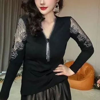 Офисная женская рубашка с v-образным вырезом и бисером, кружевная вязанная крючком сетчатая весенняя рубашка с длинными рукавами, женские модные топы с баской, большой размер XS прохладный черный
