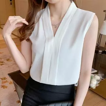 Офисная женская шифоновая рубашка, женская рубашка 2023, летний жилет без рукавов, сексуальные топы на бретелях, однотонные майки с v-образным вырезом, одежда Blusa Mujer 24840 S чёрный