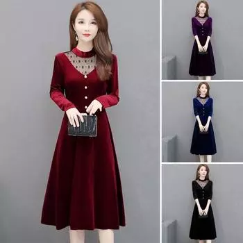 Офисное женское элегантное бархатное платье с круглым вырезом и открытой строчкой, сетчатое платье трапециевидной формы из пряжи с длинными рукавами, декор на пуговицах, свободный подол, миди M красный