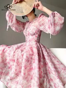 Офисное женское элегантное мини-платье с цветочным принтом Y2k, пляжная мода в стиле бохо, короткий вечерний сарафан, женское повседневное цельное платье, корейское лето S розовый