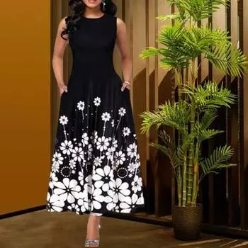 Офисное женское платье макси без рукавов с круглым вырезом и цветочным принтом, свободные подол и карманы, праздничное длинное платье, женская одежда L чёрный
