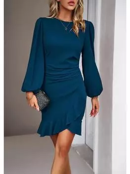 Офисное женское платье с круглым вырезом и рукавами-фонариками, элегантное женское облегающее однотонное мини-платье в стиле ампир S чёрный