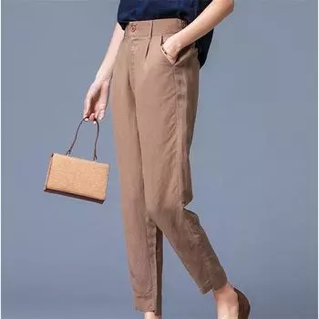 Офисные осенние женские брюки из хлопка и льна, женские свободные шаровары с высокой талией, капри для женщин, брюки женские M абрикосовый
