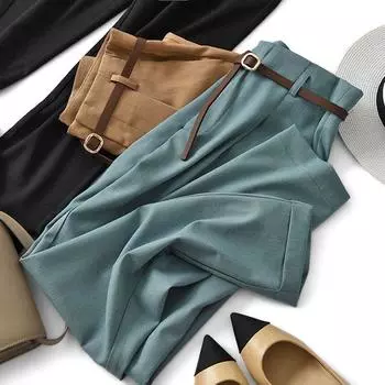 Офисные шаровары с высокой талией, женские осенние прямые черные повседневные брюки, модные свободные винтажные женские брюки 23860 S чёрный