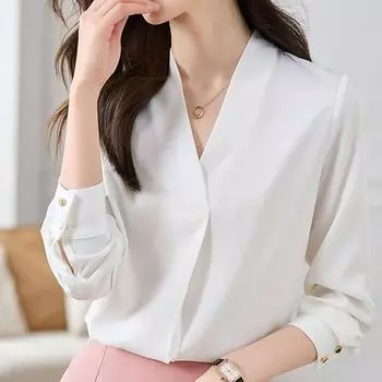 Офисные женские белые женские рубашки с длинным рукавом, модная шифоновая женская блузка с v-образным вырезом, элегантная женская одежда, женские топы 29465 S белый