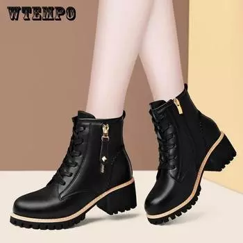 Офисные женские черные ботинки на платформе и низком каблуке, зимние теплые плюшевые ботинки, женские нескользящие повседневные короткие ботинки большого размера на шнуровке 40 чёрный