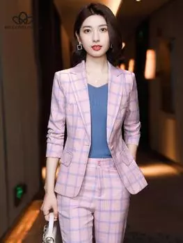 Офисные женские формальные брючные костюмы для женщин, новая мода, повседневный пиджак, куртка, костюмы, брюки, комплект из 2 предметов S розовый