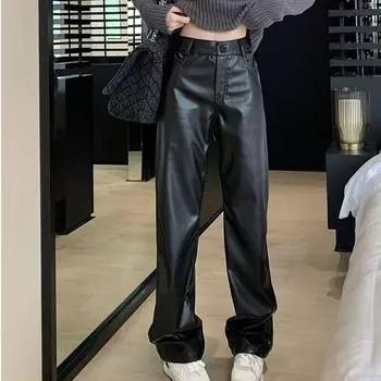 Офисные женские однотонные кожаные брюки с высокой талией, уличная одежда, повседневные прямые женские брюки, осенние модные свободные черные брюки из искусственной кожи, 29392 S чёрный