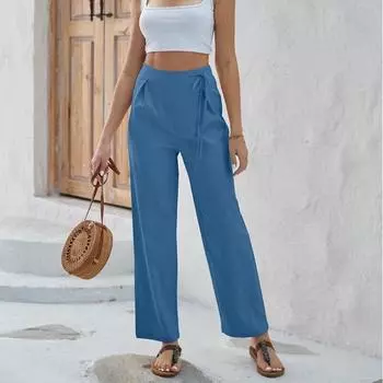 Офисные женские однотонные прямые брюки, женские повседневные брюки с высокой талией, модные свободные брюки на шнуровке на весну и лето Spodnie 26528 S абрикосовый