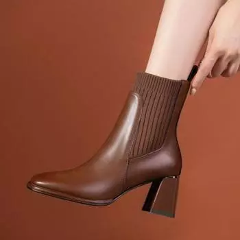 Офисные женские повседневные женские ботильоны, осень-зима 2024, лаконичная базовая обувь из натуральной кожи с вязаным узором на толстом высоком каблуке 35 чёрный