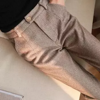 Офисные женские шерстяные брюки, осень-зима 2023, модные шаровары с высокой талией, брюки-карандаш, повседневные костюмные брюки, женские брюки 29018 S бежевый