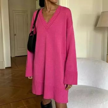 Офисные женские теплые трикотажные изделия, свободный длинный свитер, женский зимний модный однотонный женский пуловер, топы, элегантные джемперы с v-образным вырезом, свитер 30179 S чёрный