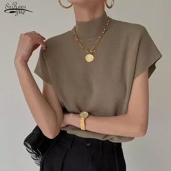 Офисный женский универсальный модный жилет с коротким рукавом, рубашка, однотонный тонкий вязаный жилет с воротником-стойкой, свободные элегантные прямые топы 18842 One Size горчичный