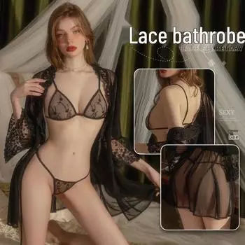 Оформление: Man Yan Сексуальный кружевной прозрачный комплект нижнего белья - Халат, ночная сорочка из трех частей 8948 One Size
