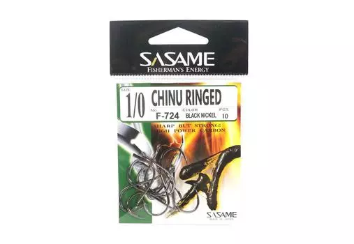 Офсетный крючок Sasame F-724 Chinu с кольцом, черный, размер 1/0 (1195)